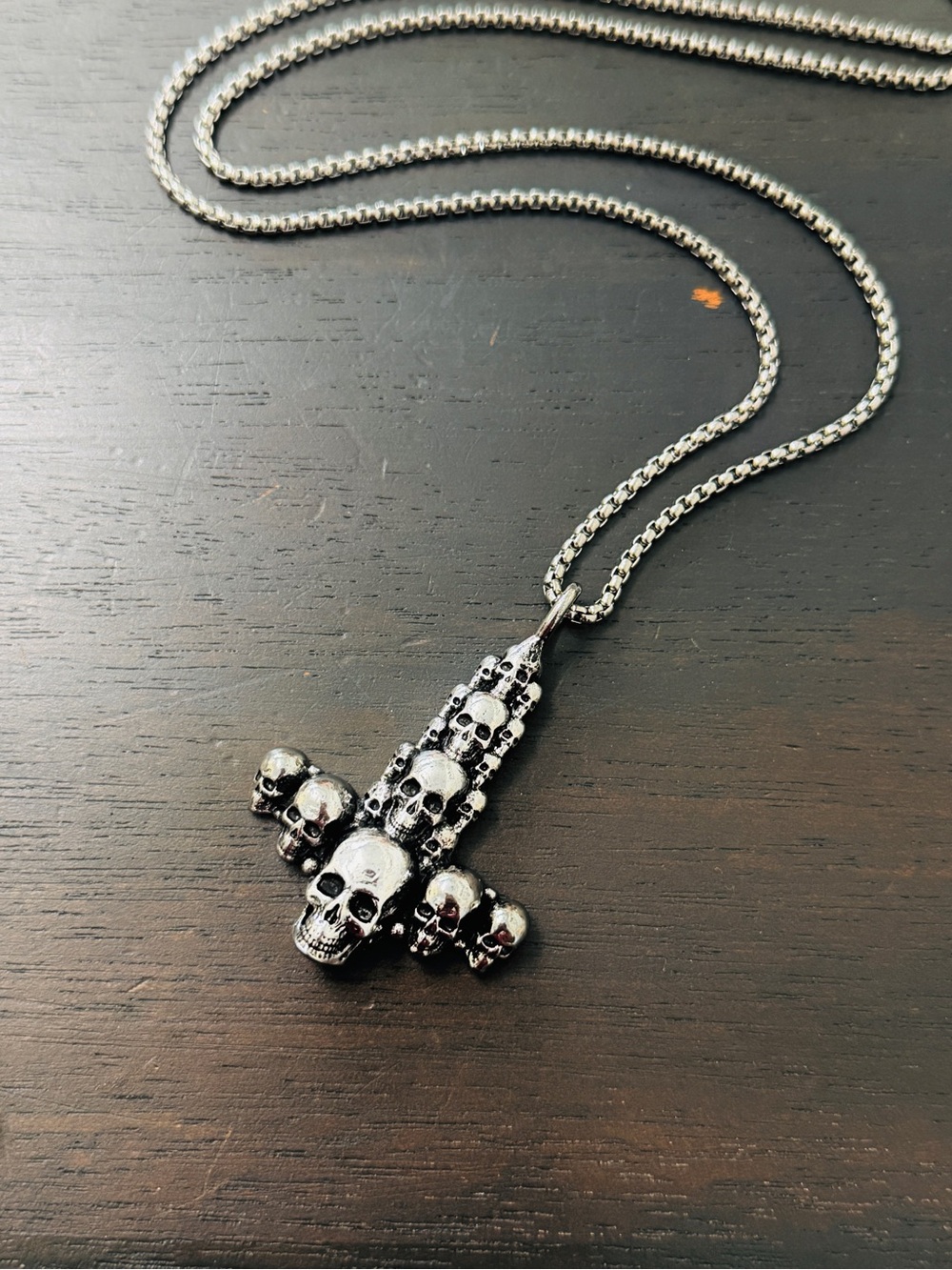 Skulls upside down cross silver necklace